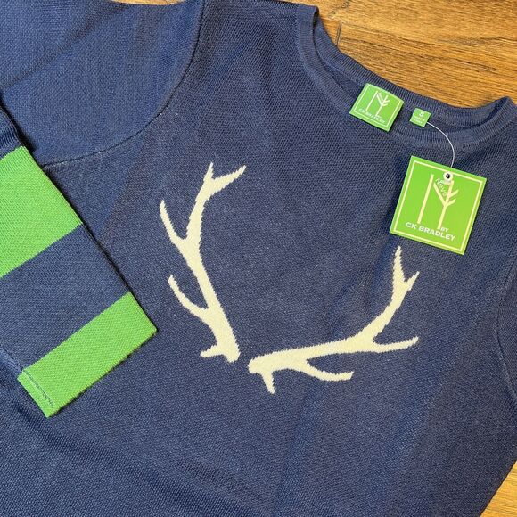 NWT Neve by CK Bradley Wool Sweater Navy Antlers Holiday Apres Women’s Large - Picture 1 of 5
